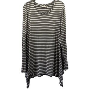 LOGO Lori Goldstein Womens Top L Green White Stripe Tunic Long Sleeves Sharkbite